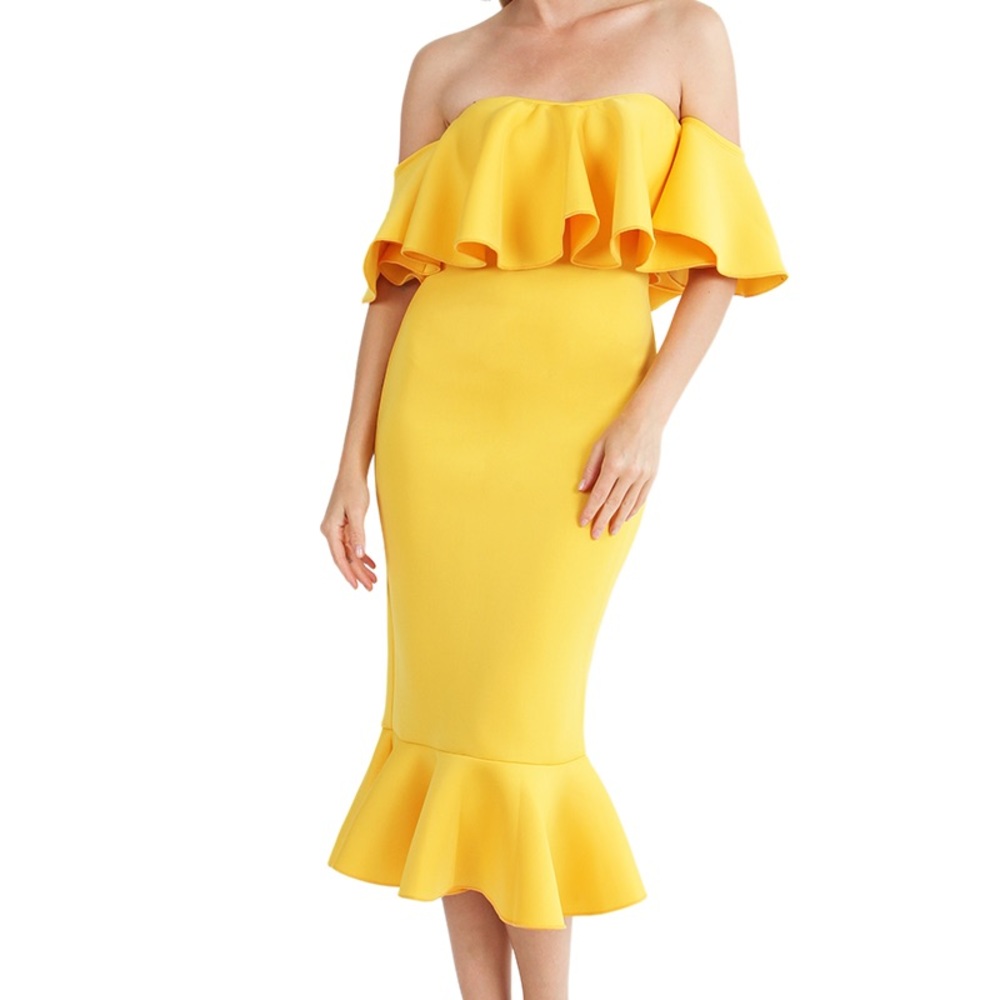 Yellow Ruffle Off Shoulder Dress - Picture 2 of 5
